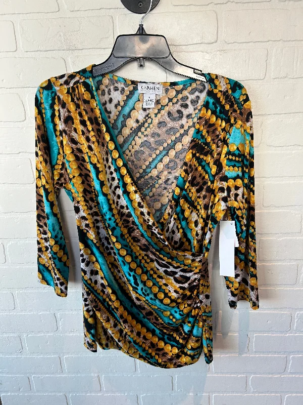 Techwear Fashion Top 3/4 Sleeve By Carmen By Carmen Marc Valvo In Black & Gold, Size: L