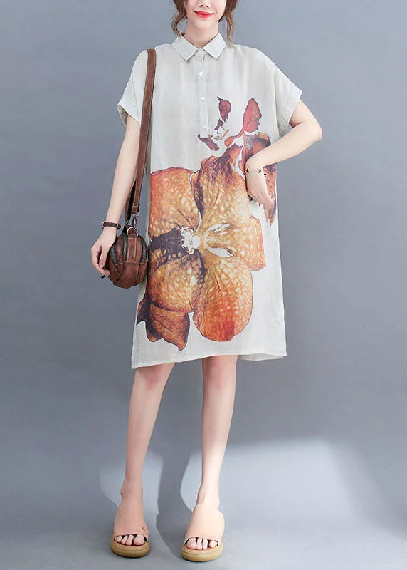 Fashion And Simplicity Natural White PeterPan Collar Button Print Summer Short Sleeve Dress