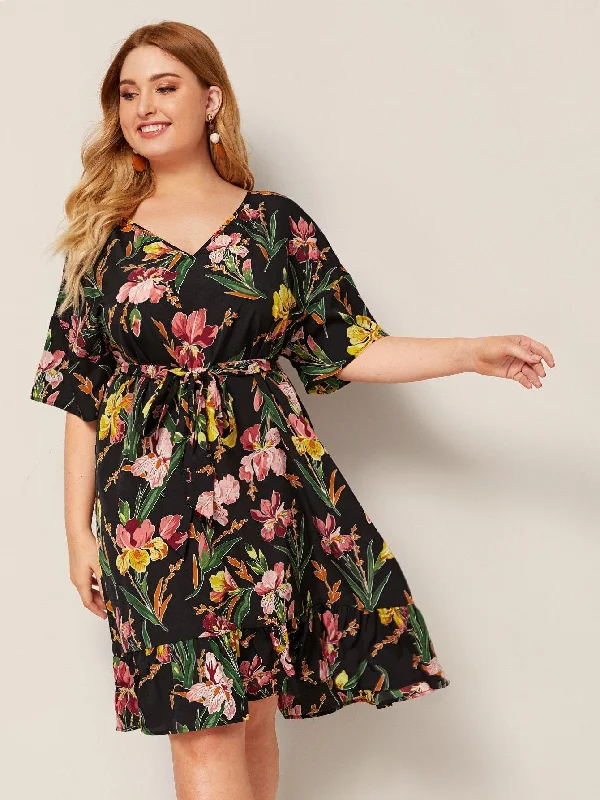Unique Prints Plus Botanical Print Ruffle Hem Belted Dress