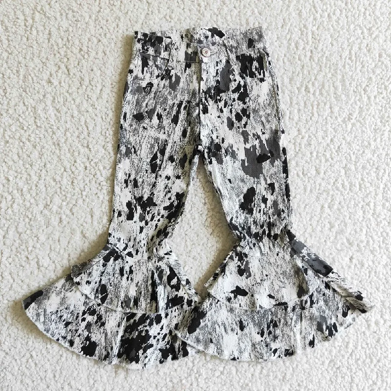 Relaxed Fit P0023 Girl Double Layer Black White Tie Dye Splash Ink Bell Jeans