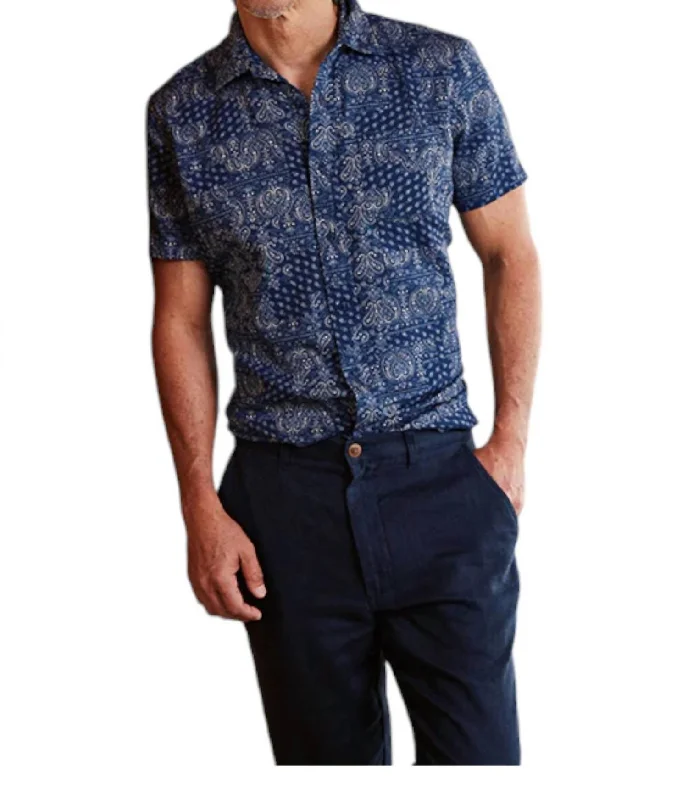 Sporty Look Bedford Textured Printed Shirt In Navy Bandana