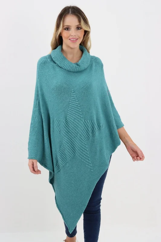 Breathable Design Made In Italy Star Ribbed Cowl Neck Poncho Top