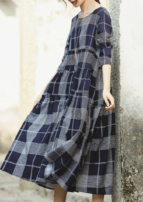 Urban Style fine blue plaid grid chiffon caftans Loose fitting o neck baggy dresses gown women half sleeve pockets dresses