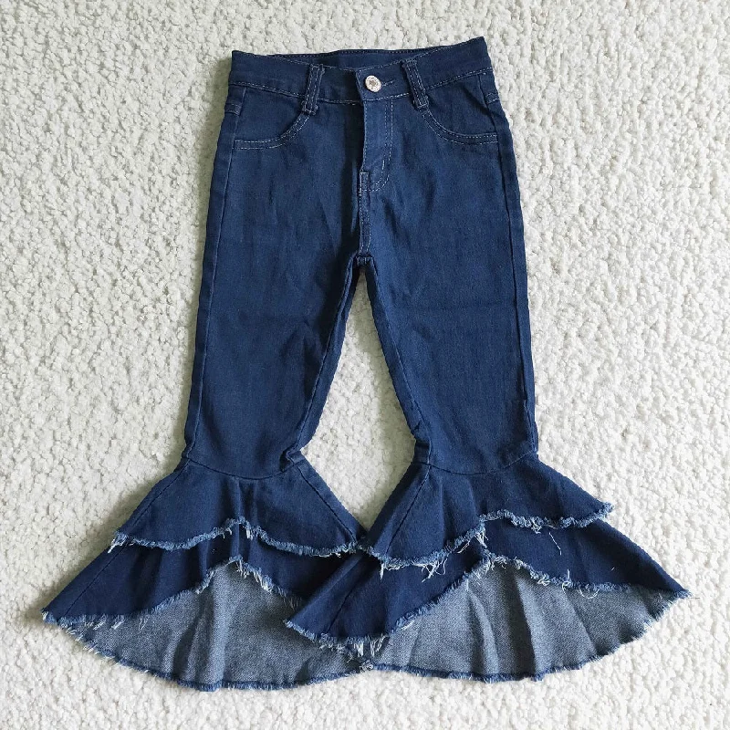 Everyday Outfits P0007 Girls Double Layer Dark Blue Bell Jeans