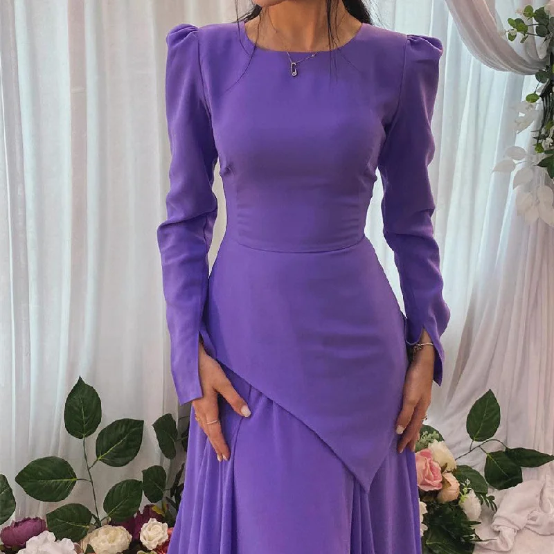 Minimal Style Round Neck Long Sleeve Fashion Bevel Folding Dress