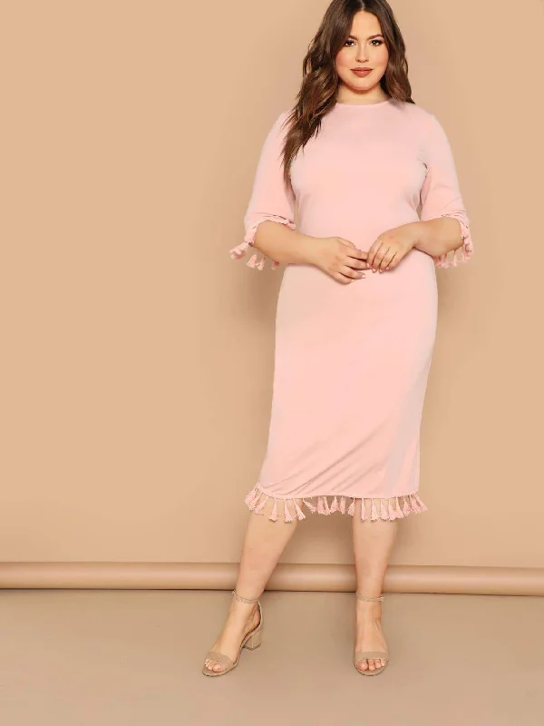 Fashionable In The Times Plus Tassel Trim Solid Dress