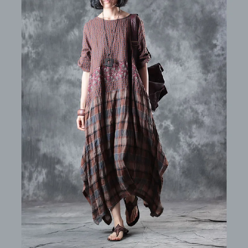 Must-have For Autumn And Winter Fine chocolate linen maxi dress oversize o neck plaid grid patchwork linen gown 2018 half sleeve pockets caftans Must-have For Autumn And Winter Fine chocolate linen maxi dress oversize o neck plaid grid patchwork linen gown 2018 half sleeve pockets caftans
