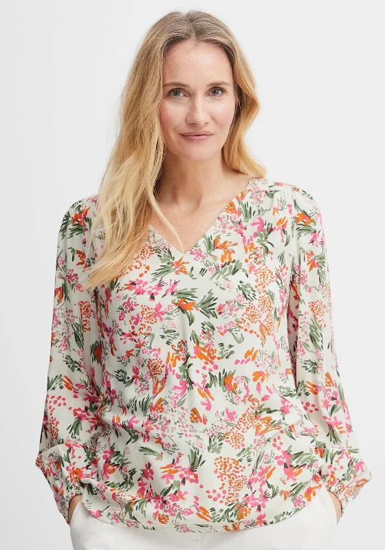 Sports Fashion Fransa V Neck Floral Top, White Multi