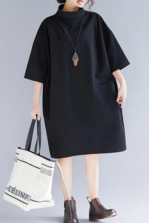 Personal Design Natural high neck Half sleeve Knit dresses Mom Knit black baggy Dress spring