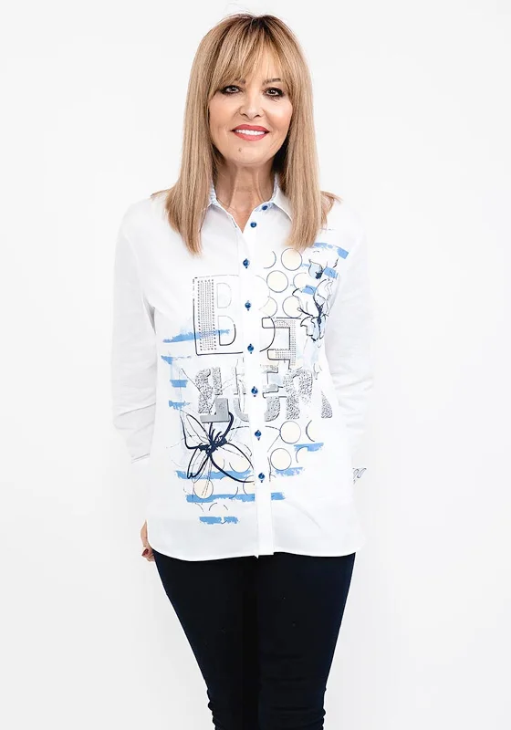 Exquisite Craftsmanship Just White Rhinestone & Print Shirt, White & Blue