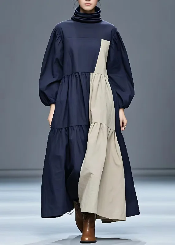 European Plan Loose Navy Turtleneck Patchwork Long Dress Fall