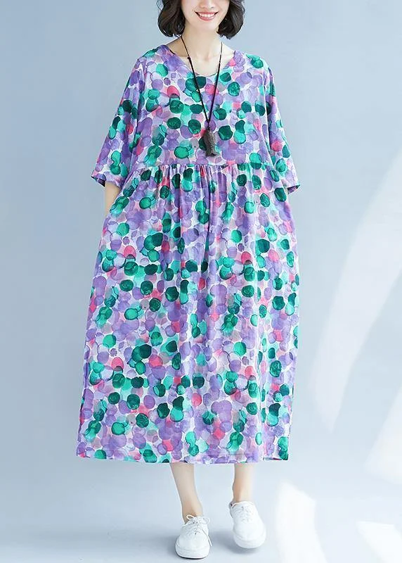 Sports Trend Elegant purple prints cotton linen quilting dresses Cinched waist Love summer Dress Sports Trend Elegant purple prints cotton linen quilting dresses Cinched waist Love summer Dress