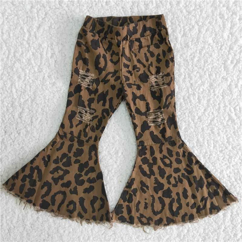 Stylish Joggers B6-10 Ripped black spot leopard print denim bell bottoms