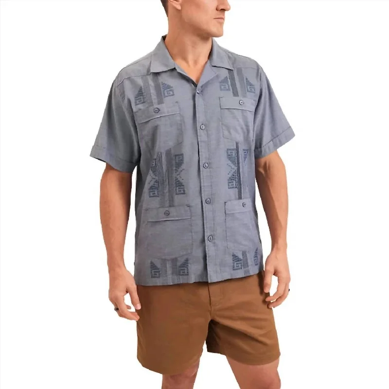 Retro Style Guayabera Shirt In Indigo Blue Oxford