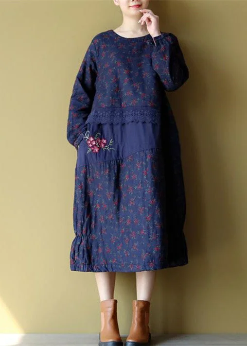 Fashionable Prints blue floral cotton warm dresses plus size embroidery linen casual long sleeve patchwork dresses