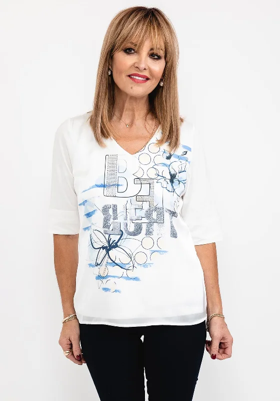 Elegant Design Just White Rhinestone & Print T-Shirt, White & Blue