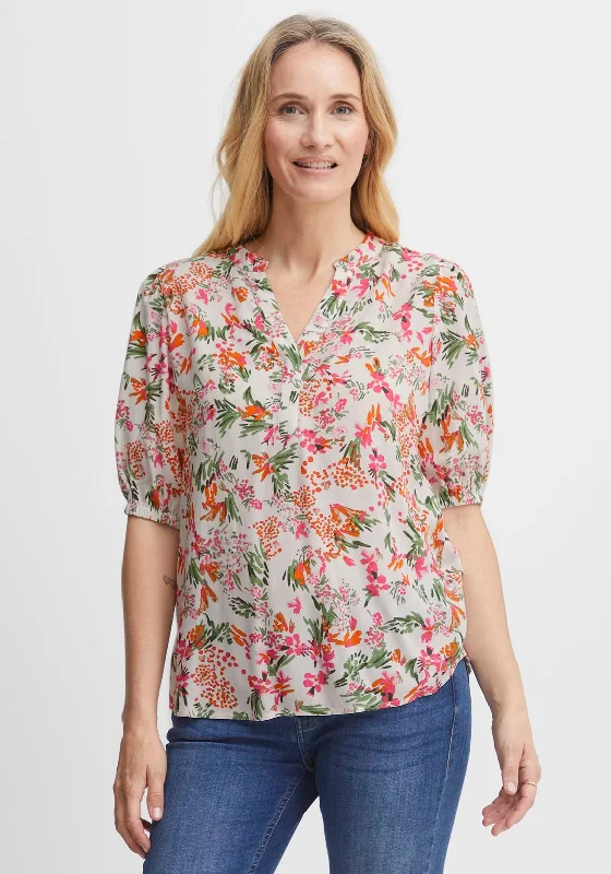 Elegant Design Fransa Notch Neck Floral Blouse, White Multi