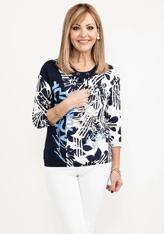 Sweet Breath Barbara Lebek Floral Drawstring Neck Top, Navy Multi