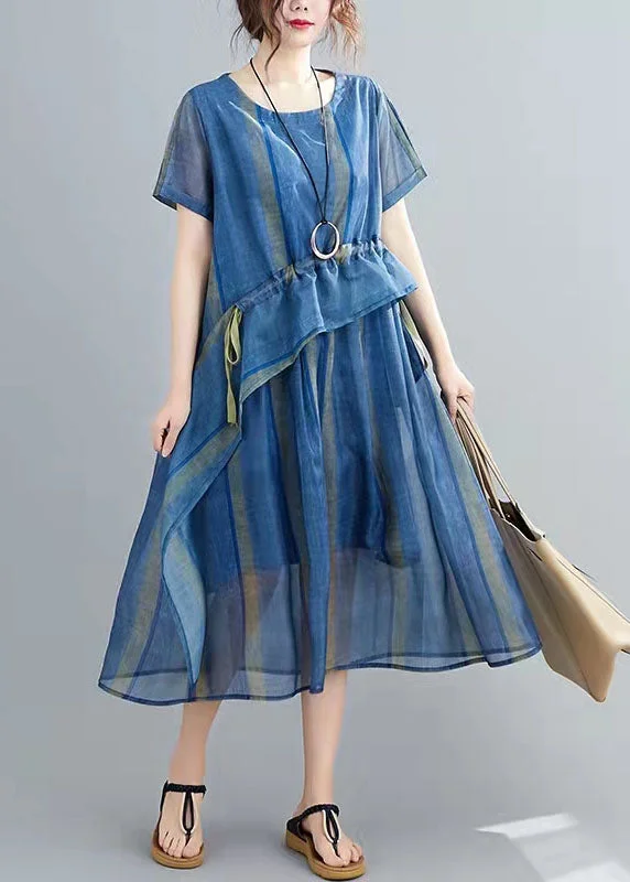 Artistic Temperament French Blue Cinched Stand Collar organza Dress Half Sleeve