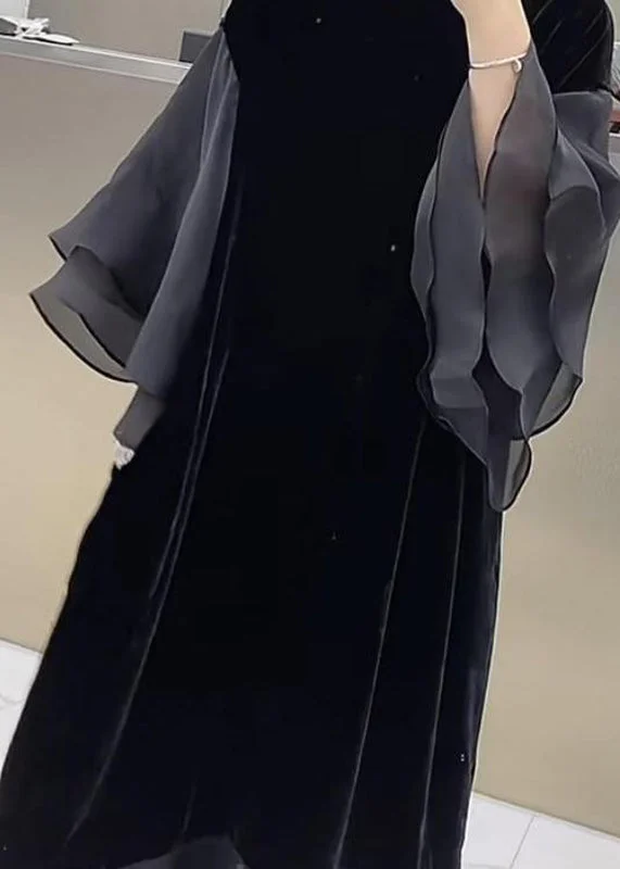 Embroidery Design Plus Size Black O-Neck Patchwork Silk Velvet Maxi Dress Butterfly Sleeve