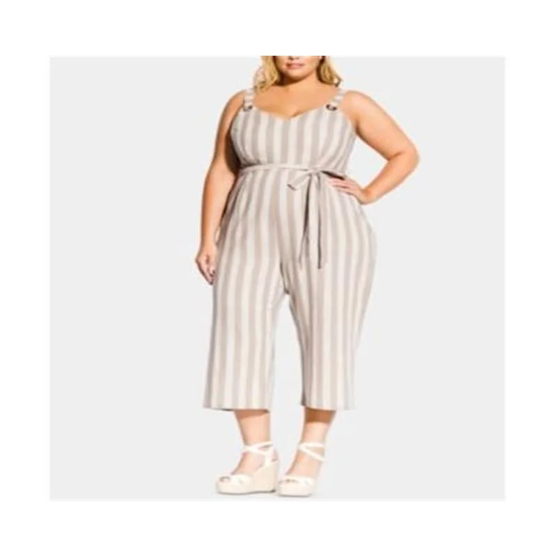 Design Trend City Chic Women's Plus Jumpsuit Grommet Stripe - Oatmeal Stripe White Size 22W