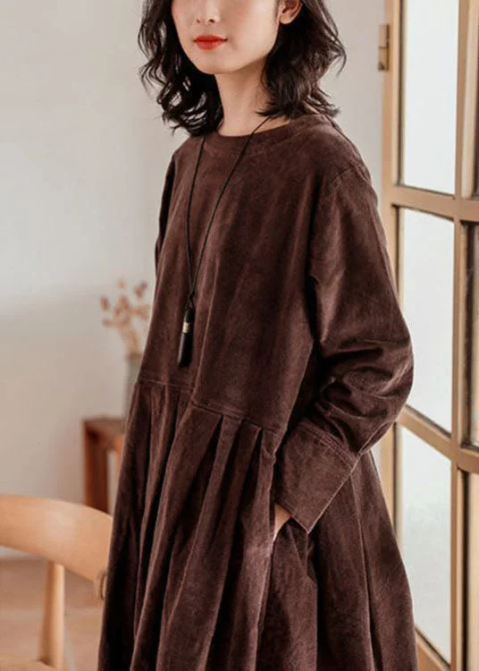 Integrated Design French Brown Plus Size Corduroy Dress Pockets Button Patchwork Fall Dresses Integrated Design French Brown Plus Size Corduroy Dress Pockets Button Patchwork Fall Dresses