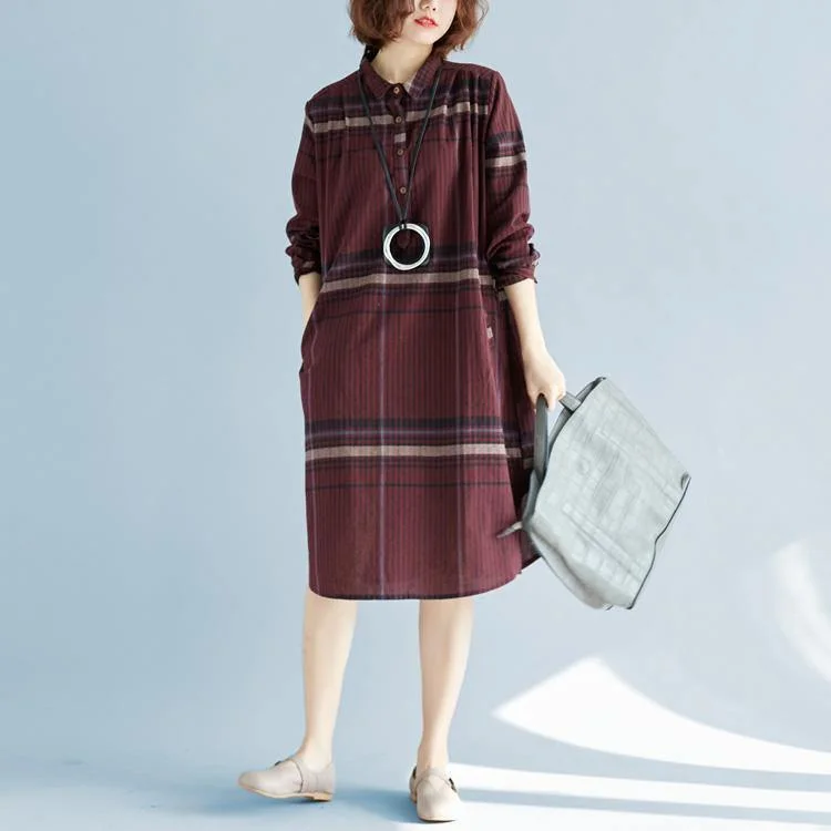 Personalized Wear 2018 red Plaid natural cotton linen shirt dress plus size traveling dress Elegant long sleeve pockets Turn-down Collar natural cotton linen shirt dress