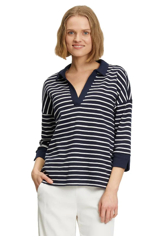 Classic Retro Betty Barclay Striped Open Collar Knit Top, Navy & White