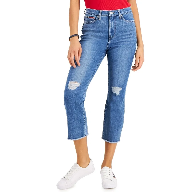 High-end Sense Tommy Jeans Women's Denim Zippered Pocketed Ripped Frayed Cropped Jeans Blue Size 24