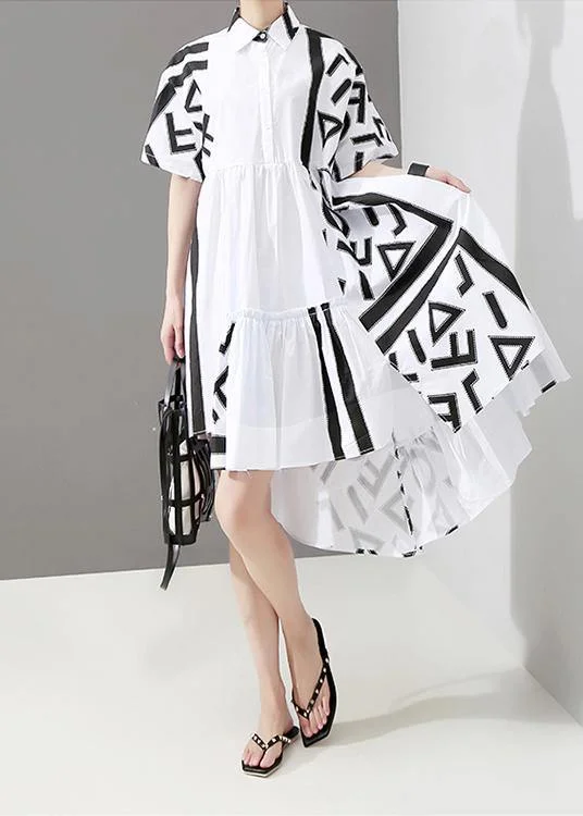 Cute Design Geometric Printed Woman Summer Stylish White Midi Shirt Dress
