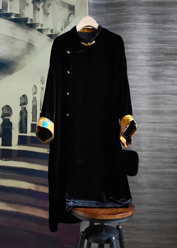 Body Design Stylish Black Stand Collar Patchwork Silk Velour Dress Spring