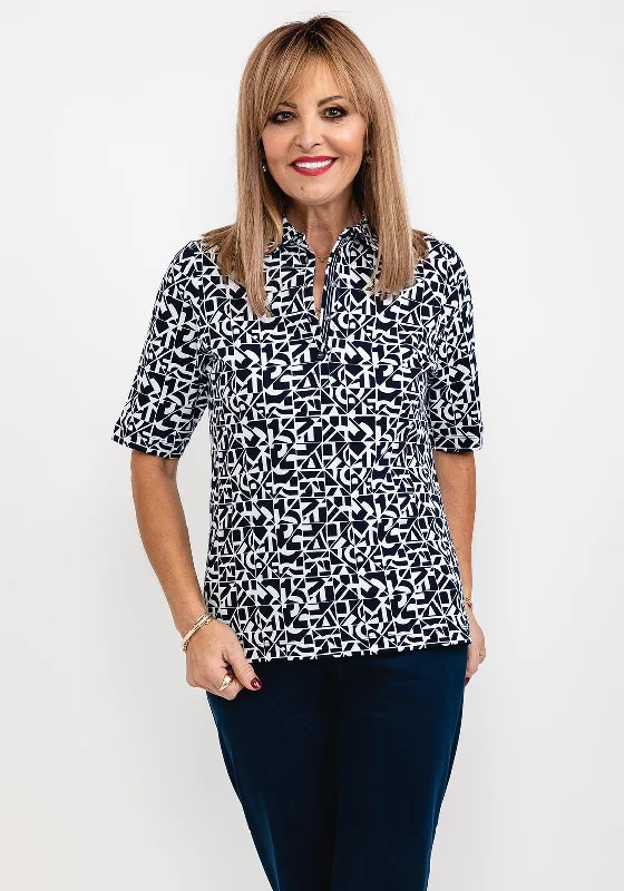 Cute Design Rabe Shape Print Collared T-Shirt, Navy & White