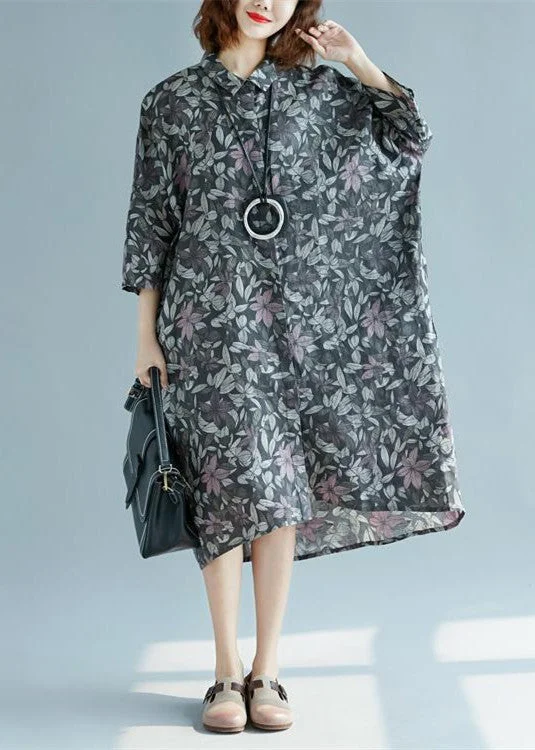 Exquisite Craftsmanship women floral cotton linen shirt dresses Loose fitting fine Three Quarter sleeve baggy dresses Turn-down Collar cotton shirt dress
