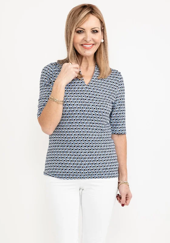 Goddess Outfit Barbara Lebek Geo Print V Neck T-Shirt, Blue Multi