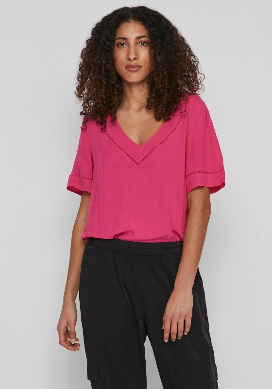 Floral Prints Vila Mesa V Neck Top, Pink Yarrow