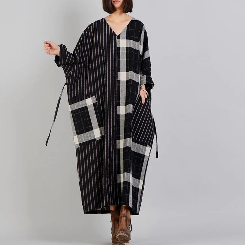Fashion Design fine black Plaid casual v neck patchwork gown fine pockets Batwing Sleeve long dresses