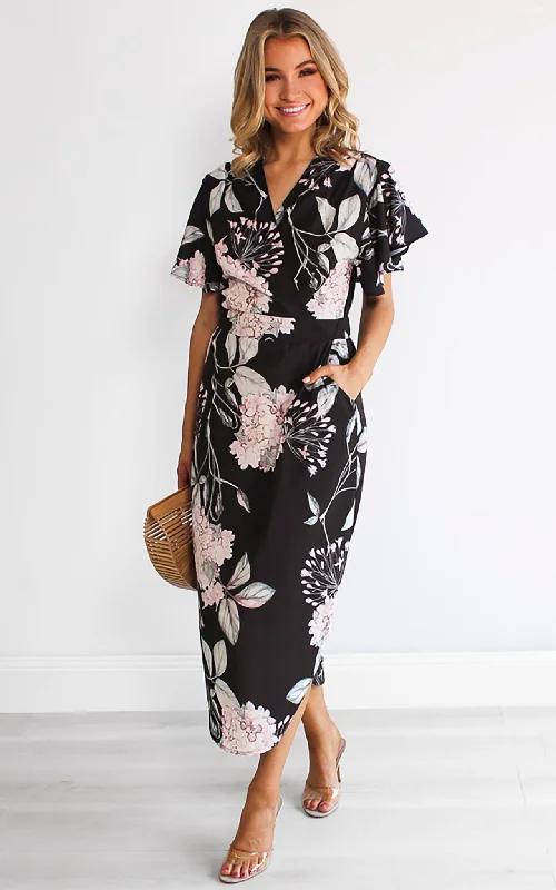 Tropical Style Brandy Midi Dress - Black Floral