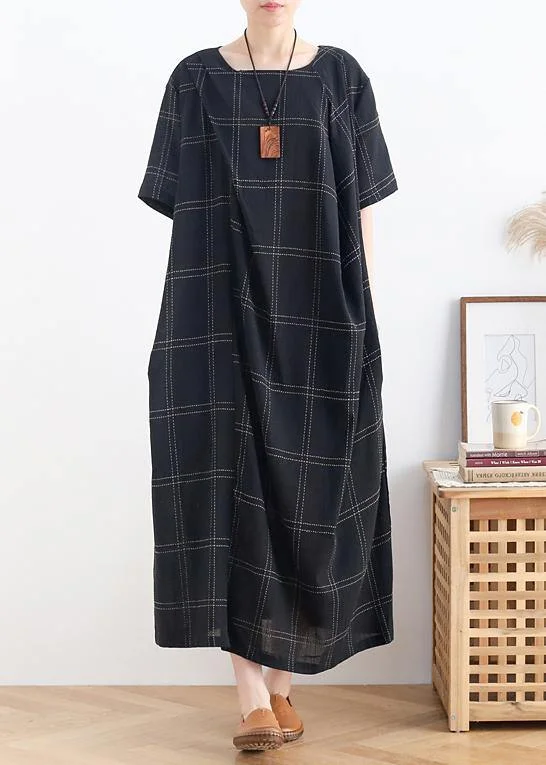 Age-reducing Style Modern black plaid cotton clothes o neck short sleeve Dresses