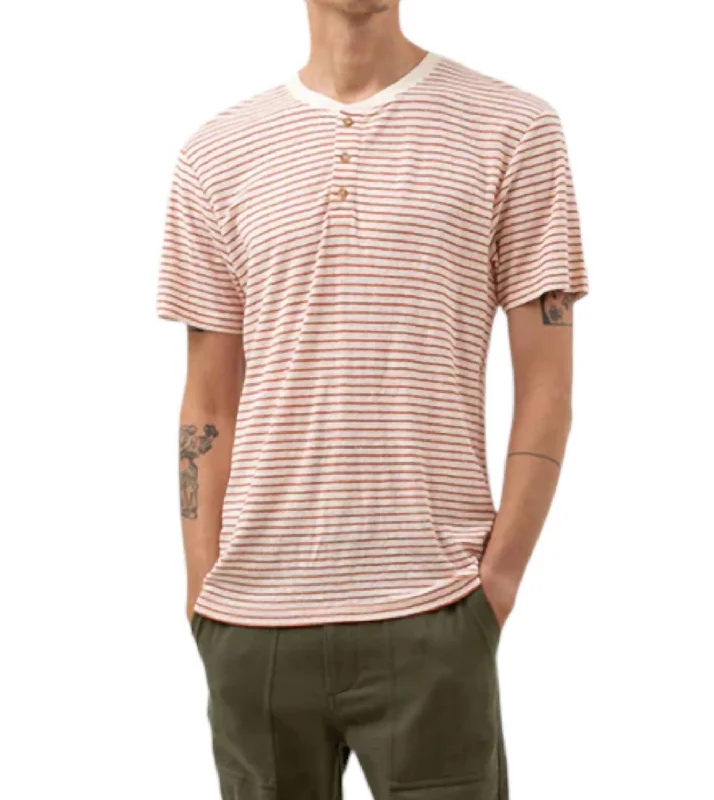 Everyday Essentials Linen Striped Henley Tee In Spice