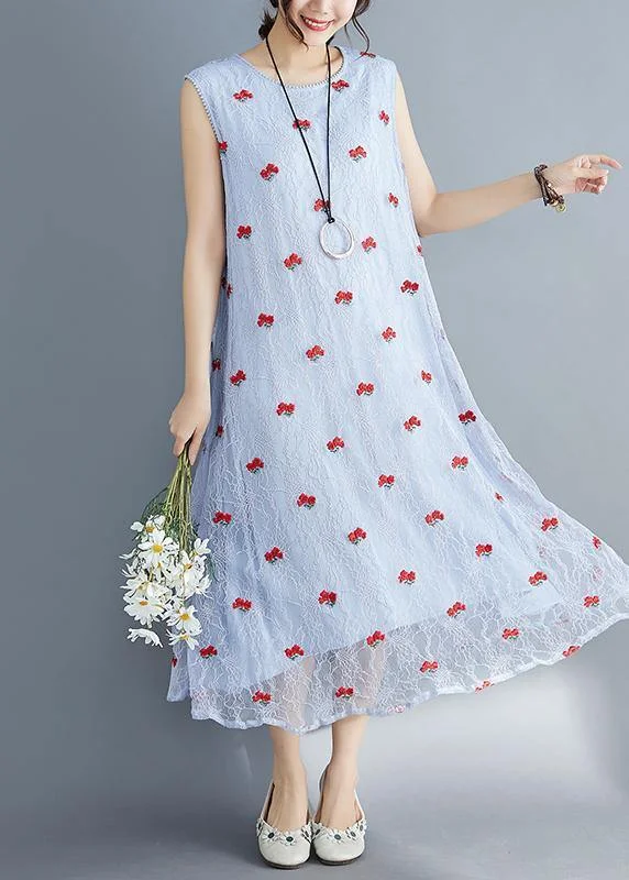 High Street Design French light blue lace clothes For Women sleeveless Dresses embroidery summer Dress