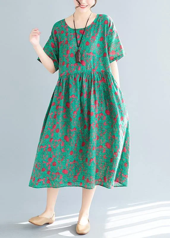 Lazy Home Loose green print cotton linen dresses Plus Size Inspiration o neck pockets Dresses Summer Dress
