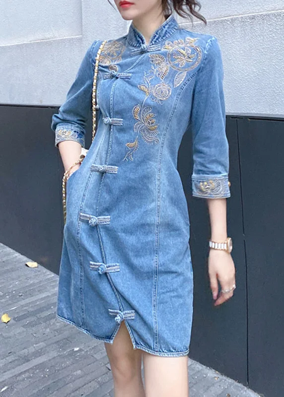 Personalized Outfit Slim Fit Blue Embroideried Floral Button Denim Mid Dresses Bracelet Sleeve