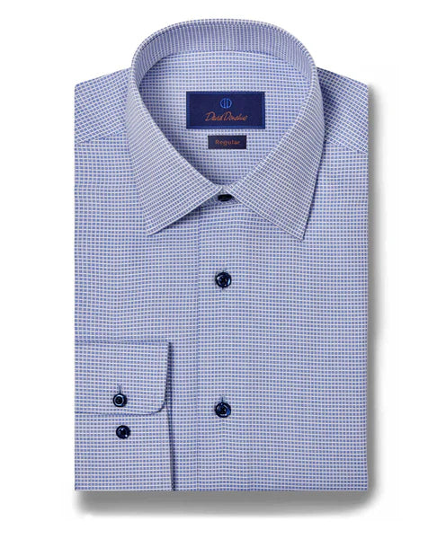 Classic Casual David Donahue Blue Grid Micro Dobby Dress Shirt (Regular Fit)