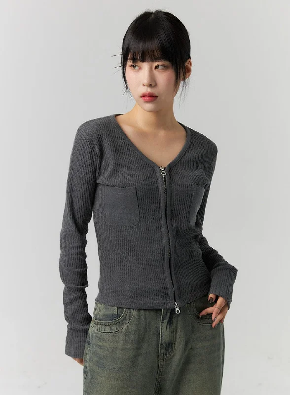 Practical Style Ribbed V-Neck Zip Up Top CS314