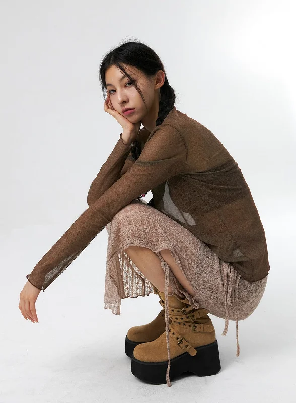 Celebrity Must-have Sheer Mesh Turtle Neck Top IS327