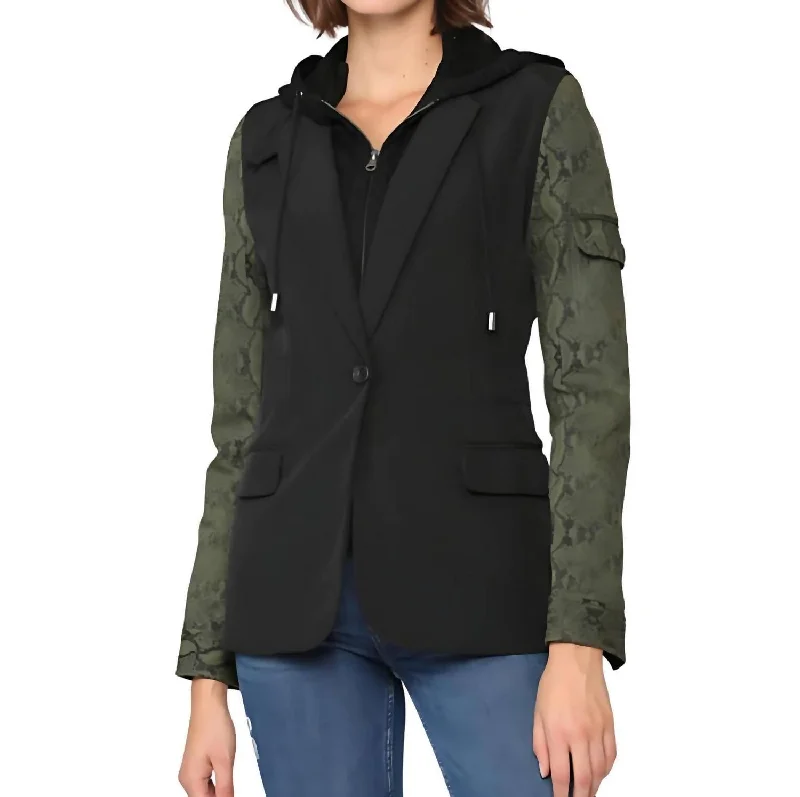 Bright Colors Hooded Blazer In Olive/black