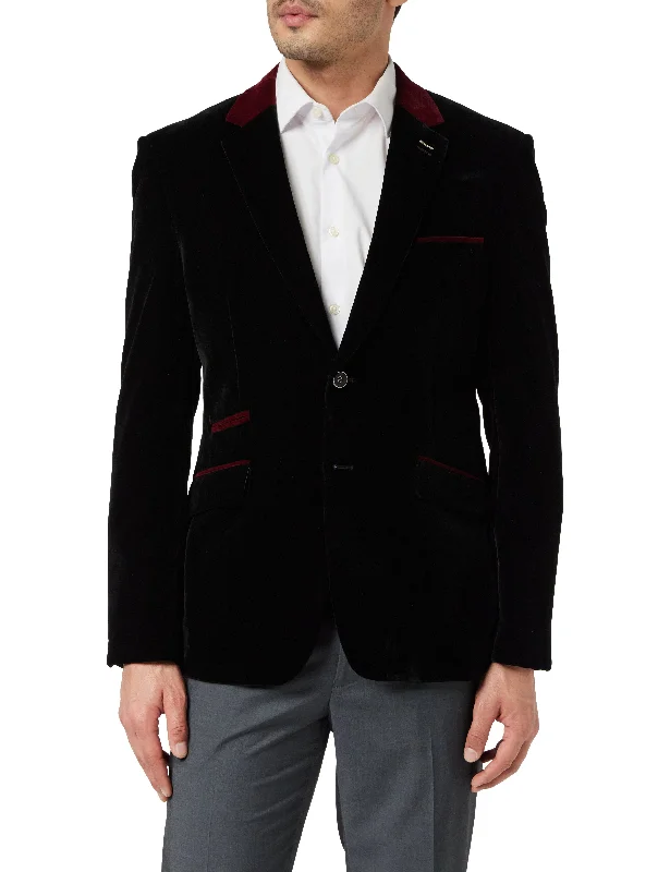 Street Style TIM Black Velvet Blazer with Maroon Trim