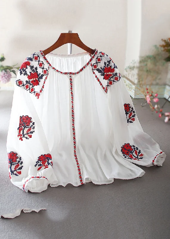 Luxury Customization Elegant White Embroidered Floral Shirt Lantern Sleeve