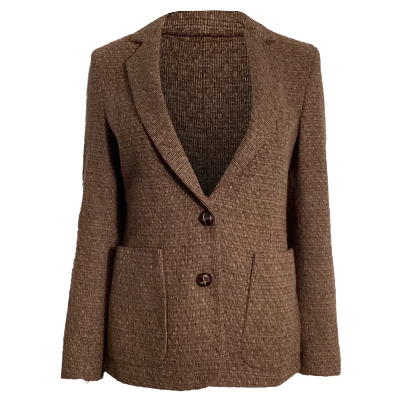 Sports Fashion Oscar De La Renta Single-Breasted Tweed Blazer in Brown Polyester
