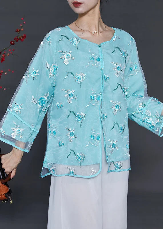 Simple Matching Lake Blue Organza Shirt Top Embroidered Summer